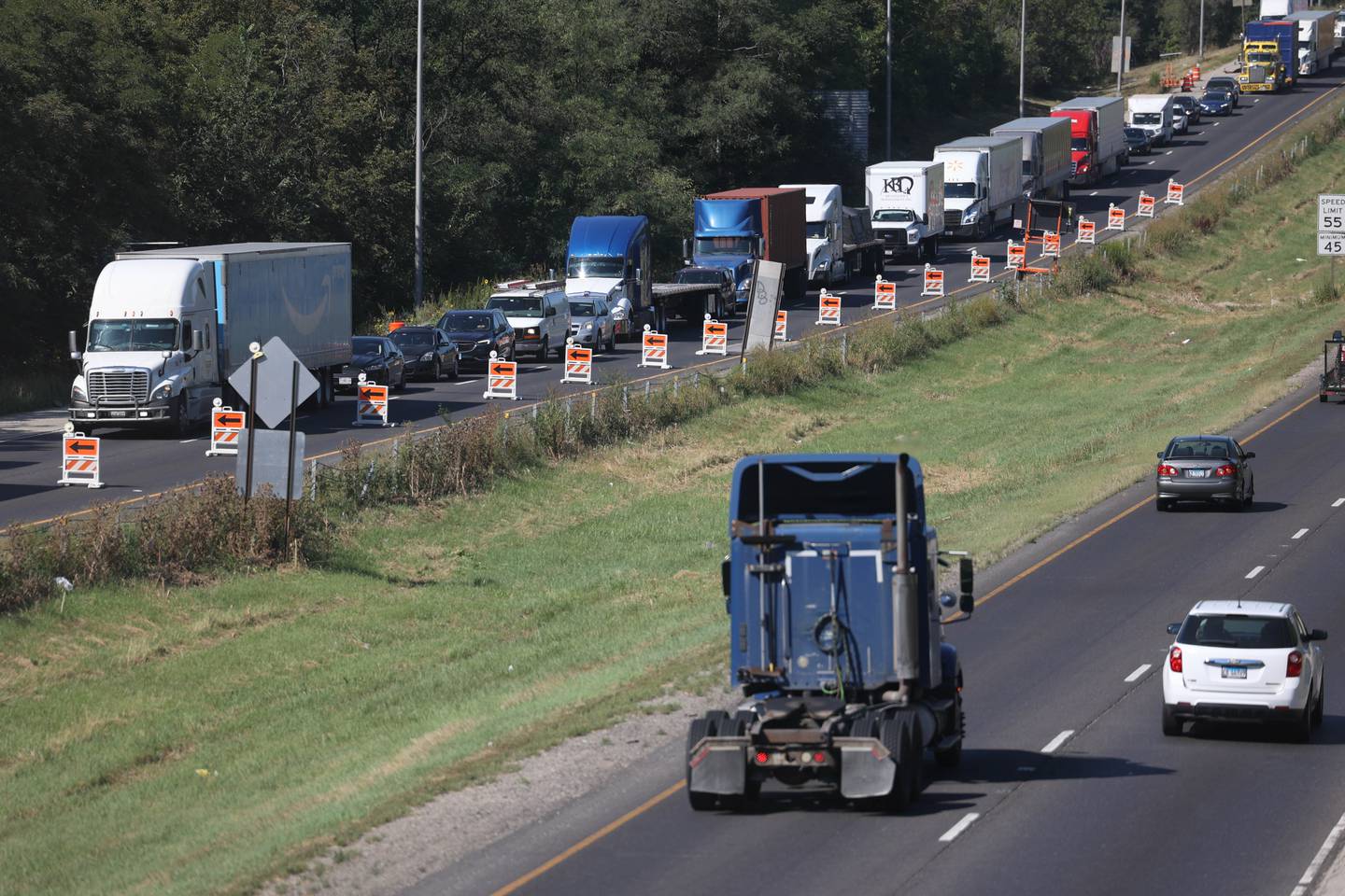 I-80 eastbound traffic merges down to one lane near the Center Street exit. Sept. 9, 2022, in Joliet.