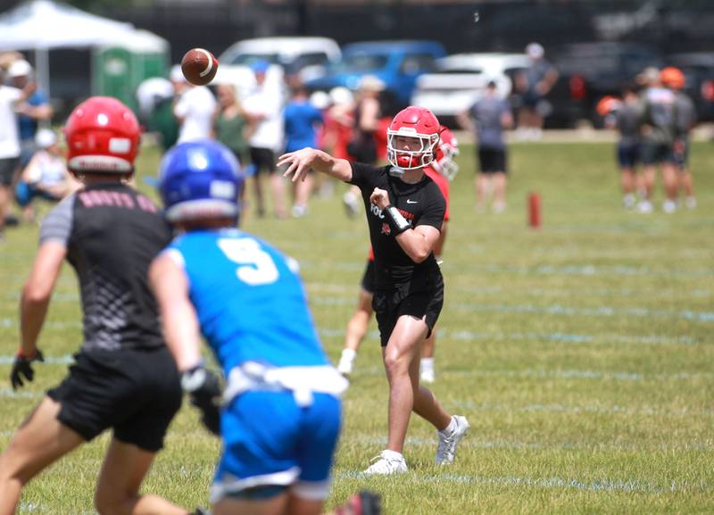 Hinsdale Central’s Jack Lesniewicz throws the ball during a 7 on 7 tournament on Thursday, June 26, 2025 at Naperville North.