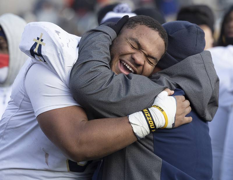 Althoff Catholic’s Jason Dowell celebrates the team’s 52-14 win over Lena-Winslow Friday, Nov. 29, 2024, in the class 1A football state final.