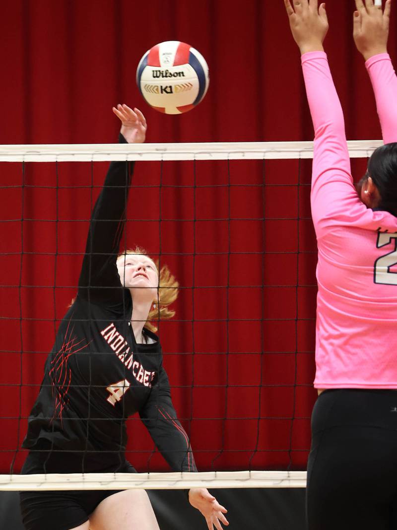 Indian Creek's Makayla Bateman tries to get the ball by Hiawatha's Mia Siddall during their match Tuesday, Oct. 15, 2024, at Indian Creek High School in Shabbona.