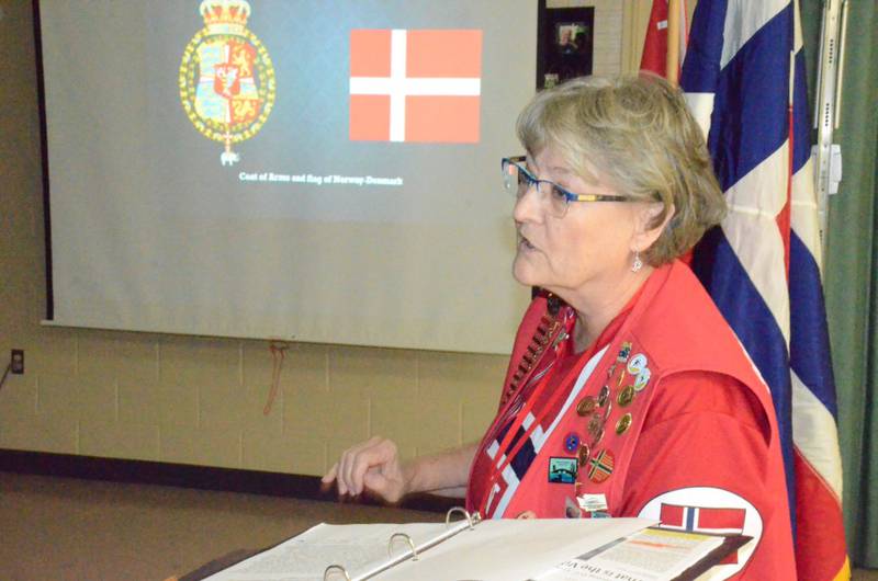 Yorkville resident Barb Johnson chronicles Syttende Mai, Norway Constitution Day, during the Sons of Norway Polar Star Lodge 5-472's May meeting.