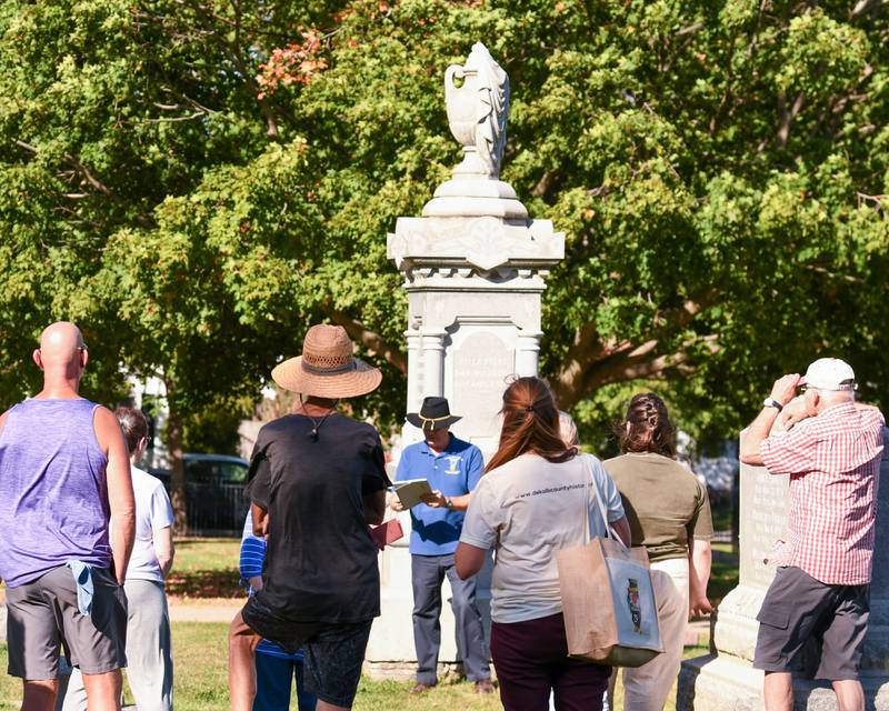 Lars Jacobson talks about William Byers and some of his family during the Etched in Stone cemetery walk on Sunday Oct. 5, 2025, held at Elmwood cemetery in Sycamore.