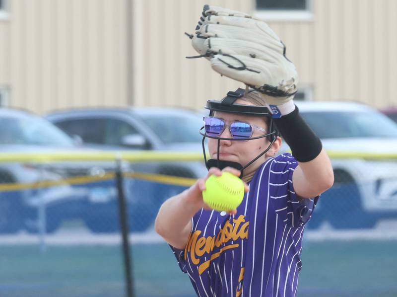 Mendota's Lexie Saylor lets go of a pitch to Marquette on Wednesday, March 25, 2026 at June Gross Field in Ottawa.