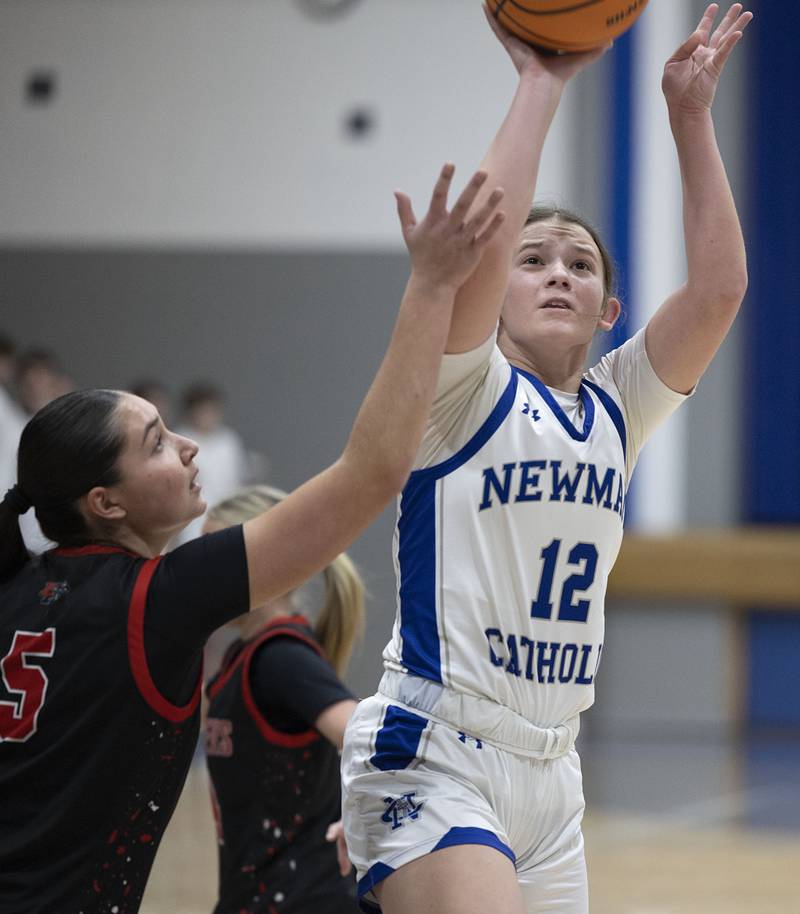 Newman’s Lucy Oetting puts up a shot against Erie-Prophetstown Thursday, Jan. 29, 2026.