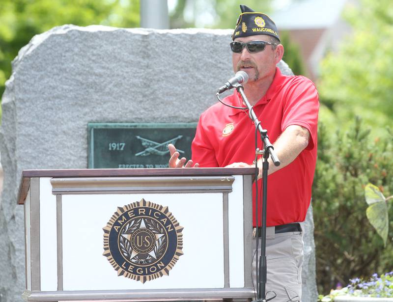 Ryan Jacobsen, past commander and Navy veteran, gives his closing remarks Monday, May 29, 2023, at Memorial Park during the Wauconda Memorial Day Ceremony.