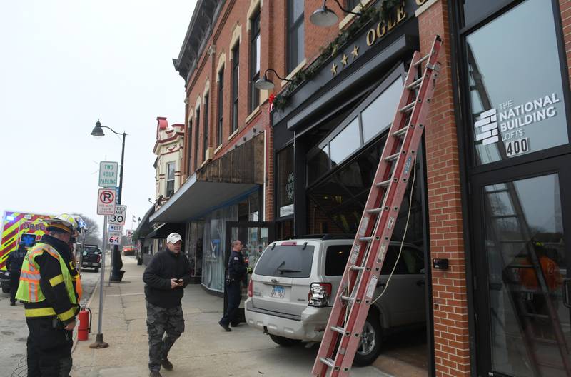 A vehicle crashed into the Ogle County Brewery in downtown Oregon early Sunday afternoon after being struck by another vehicle at the intersection of Illinois 64 and Illinois 2. No injuries were reported.