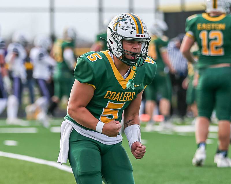 Coal City's Zander Meents (5) reacts after a play during Class 4A quarterfinal football game between Dixon at Coal City on Saturday, Nov 16, 2024  in Coal City.