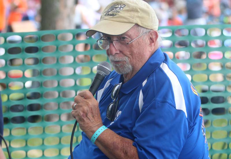 Ray Rodda, The voice of DePue speaks before the races on Friday, July 28, 2023 at Lake DePue. Rodda retired last year after decades of calling the races.