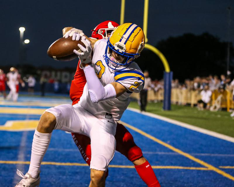 Lyon's Travis Stamm (2) comes down with a first quarter touchdown during football game between Hinsdale Central at Lyons Township on Friday, Sept. 8, 2023.