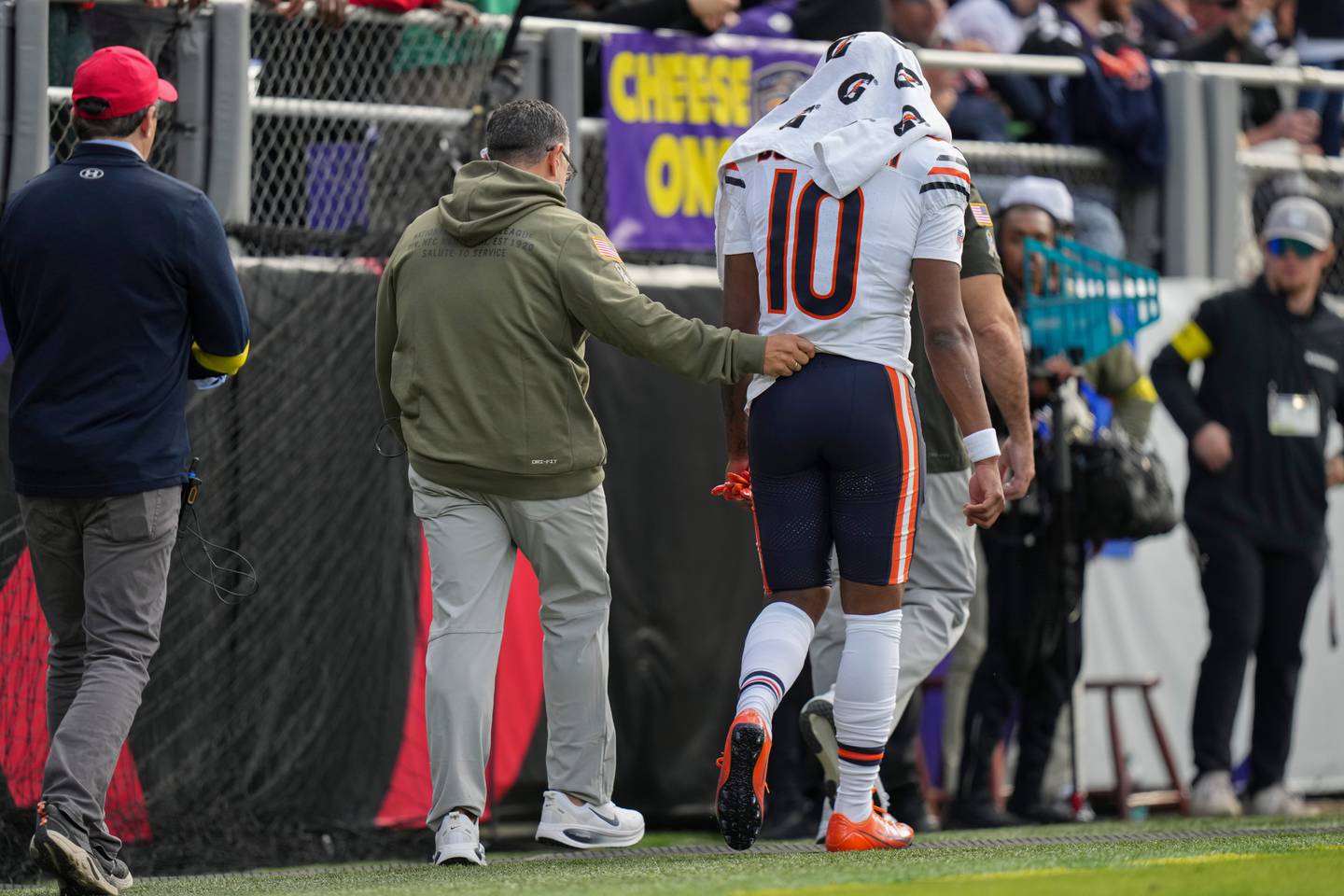 Chicago Bears wide receiver Luther Burden III (10) leaves the field during the second half an NFL football game against the Baltimore Ravens, Sunday, Oct. 26, 2025, in Baltimore. (AP Photo/Stephanie Scarbrough)