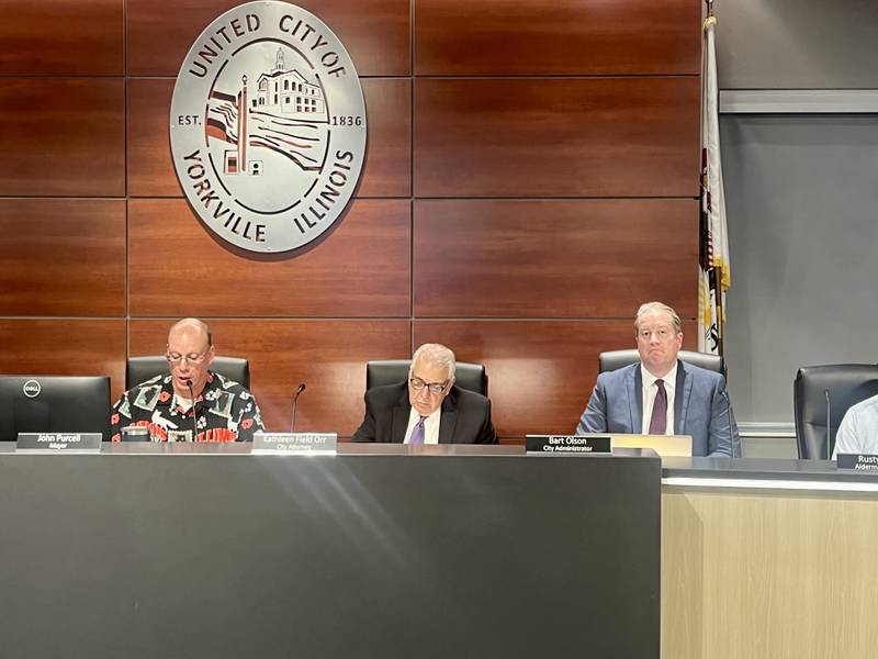 Yorkville Mayor John Purcell (left) introduces an ordinance to fine and possibly imprison any individuals experiencing homelessness on public spaces. The ordinance was proposed by City Administrator Bart Olson (right) and unanimously approved by the city council with little discussion.