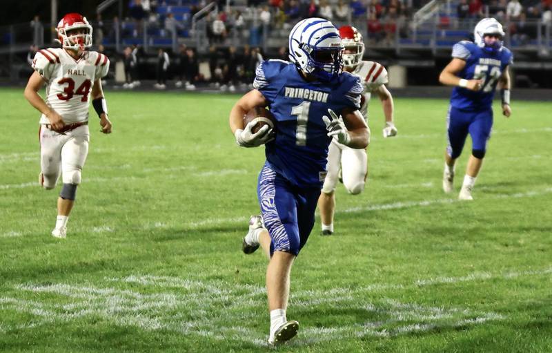 Princeton's Casey Etheridge runs away from the field in the Tigers' 41-0 Homecoming win over rival Hall on Friday, Oct. 4 at Bryant Field.