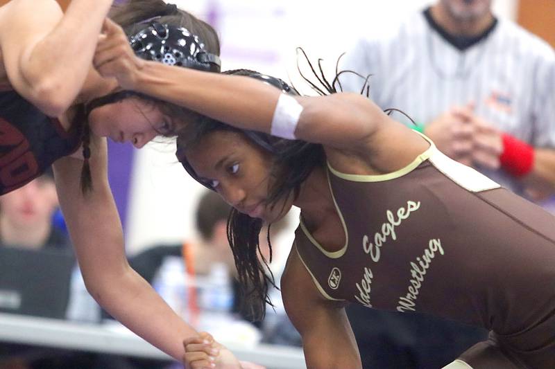 Jacobs’ Aaliyah Guichon, right, battles Zion-Benton’s Jazmine Medina at 105 pounds in Whip-Pur Women’s Classic varsity girls wrestling on Saturday, Dec. 20, 2025, at Hampshire High School in Hampshire.