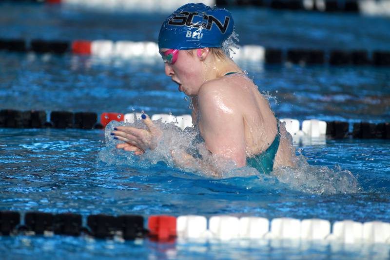 St. Charles North’s Isabelle Beu swims the 200-yard individual medley championship heat during the IHSA Girls State Swimming and Diving Championships at the FMC Natatorium in Westmont on Saturday, Nov. 11, 2023.