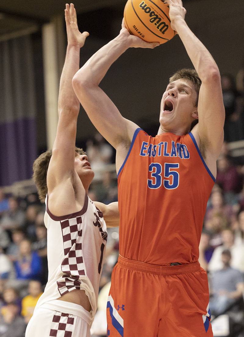 Eastland’s Parker Krugman puts up a shot against Tremont Monday, March 9, 2026, in the Class 1A Macomb Supersectional.