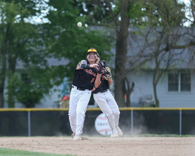 Sandwich's Dino Barbanente (1) throws to first for an out during baseball game between Sandwich at Plano.  May 8, 2024