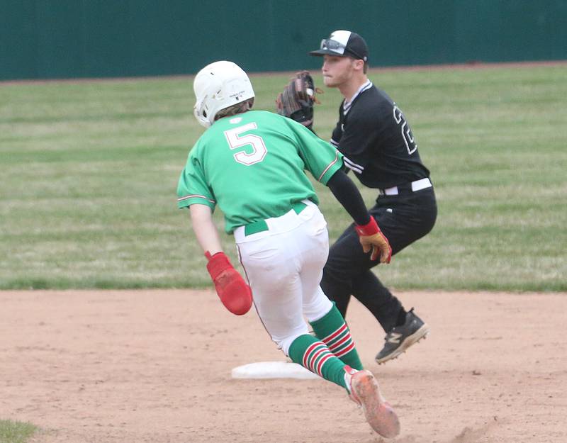 L-P's Seth Adams is forced out at second base as Kaneland's Tom Thill makes a catch on the bag on Thursday, April 11, 2024 at Huby Sarver Field in La Salle.