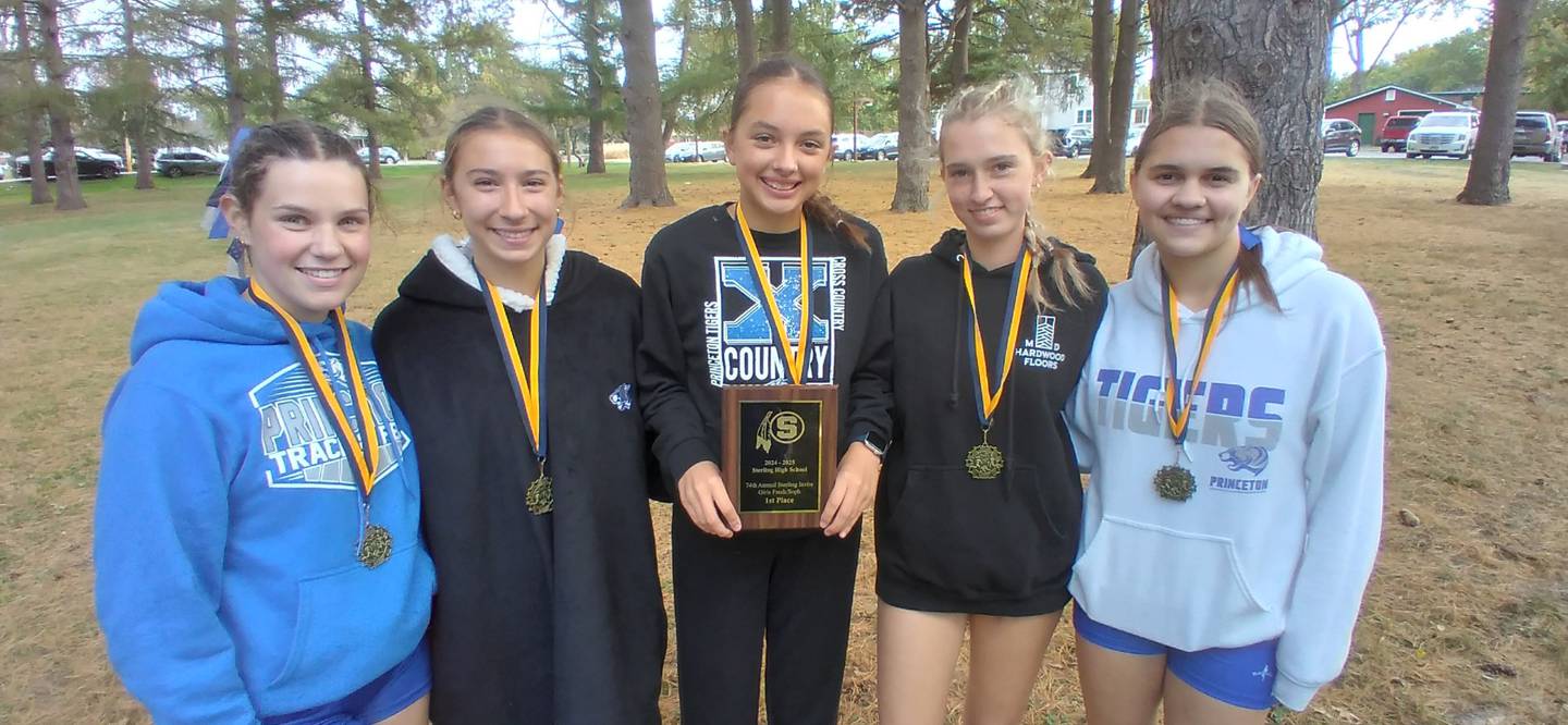 The Princeton F/S girls won the Sterling invitational on the legs of Natalie Meyer (from left), Ruby Acker, Alexandera Waca,  (21:40) and Payton Frueh and Rebekah Lord. Acker and Frueh finished 1-2.