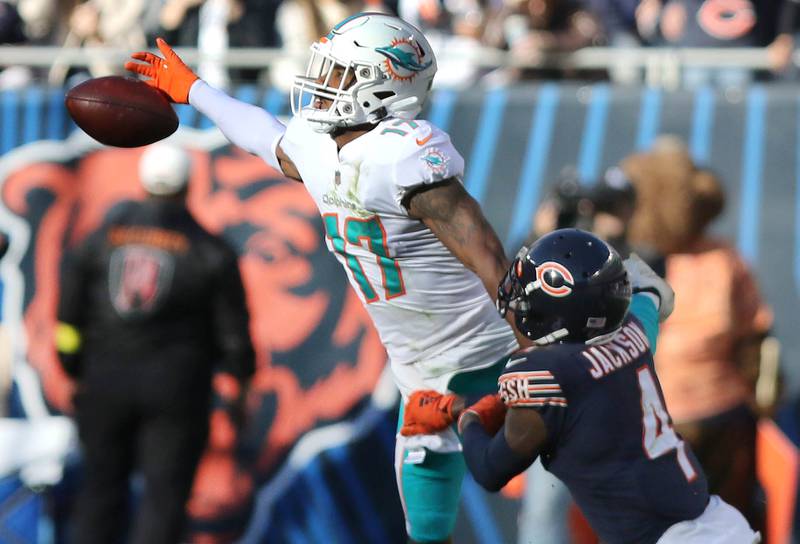 Miami Dolphins wide receiver Jaylen Waddle can’t make the catch as Chicago Bears safety Eddie Jackson makes contact during their game Sunday, Nov. 6, 2022, at Soldier Field in Chicago. Jackson was called for pass interference on the play in the fourth quarter.