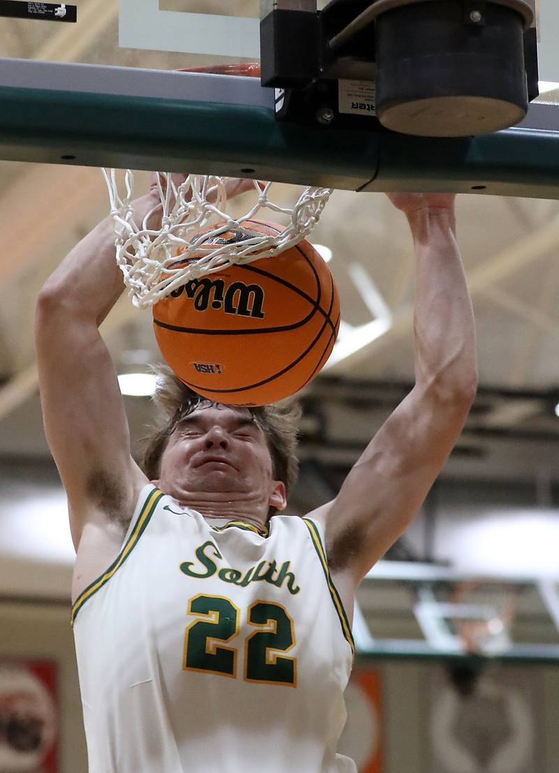 Crystal Lake South's Nick Stowasser dunks the ball against Crystal Lake Central during an IHSA Class 3A Crystal Lake South Regional boys basketball semifinal game on Wednesday, February, 25, 2026, at Crystal Lake South High School.