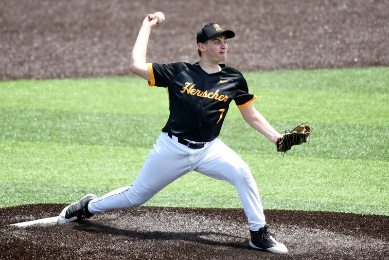 Herscher's Cam Baker throws a pitch during the Class 2A Herscher Regional championship against Bishop McNamara Saturday, May 24, 2025.