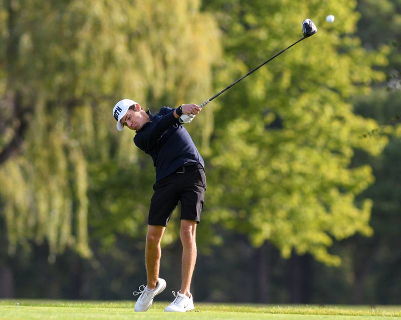 Gavin Baxa of Plainfield South hits a drive during the Plainfield Central regional on Wednesday Oct. 1, 2025, held at Wedgewood Golf Course in Plainfield.