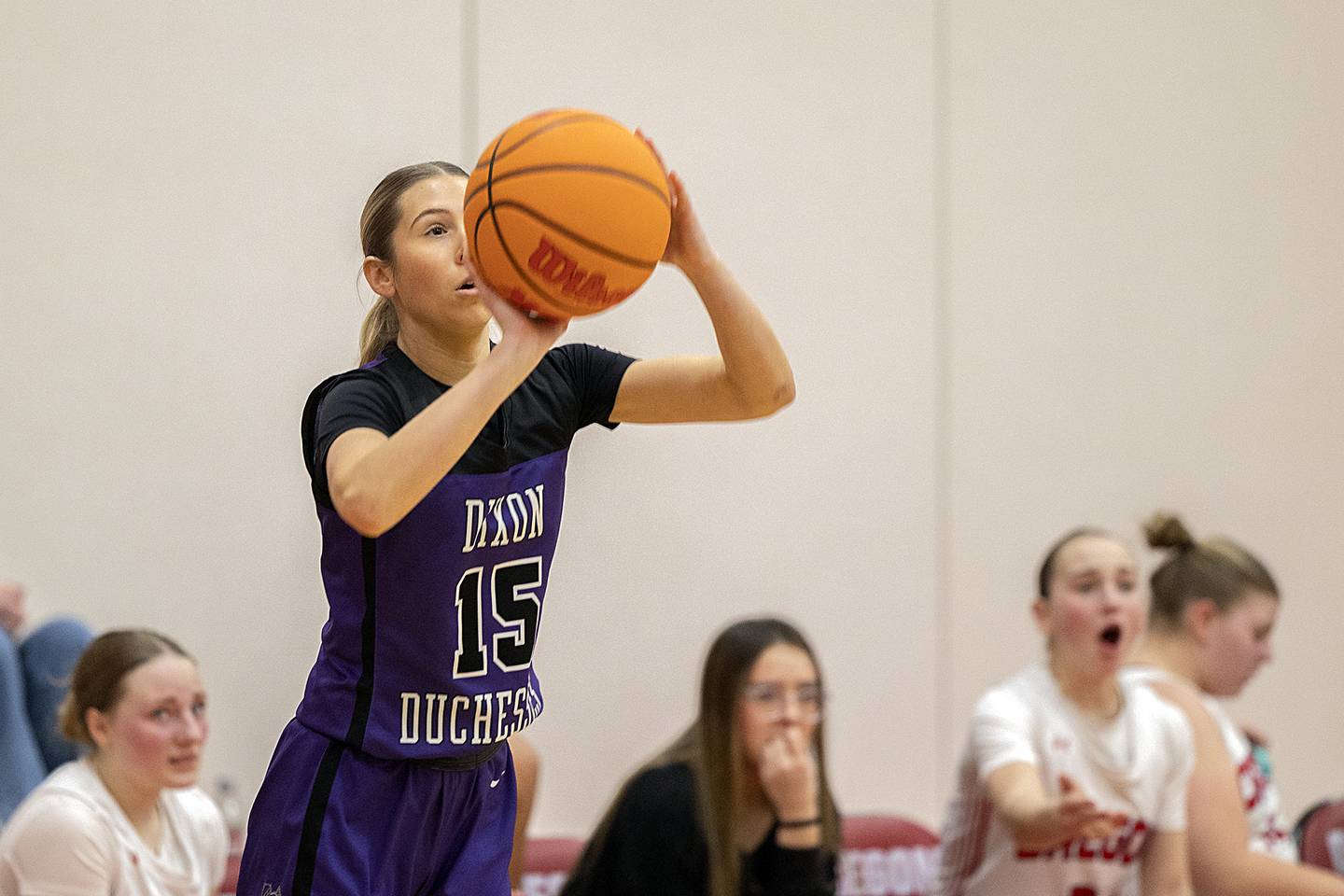 Dixon's Morgan Hargrove puts up a three point shot against Oregon Thursday, Jan. 16, 2025, at the Blackhawk Center in Oregon.