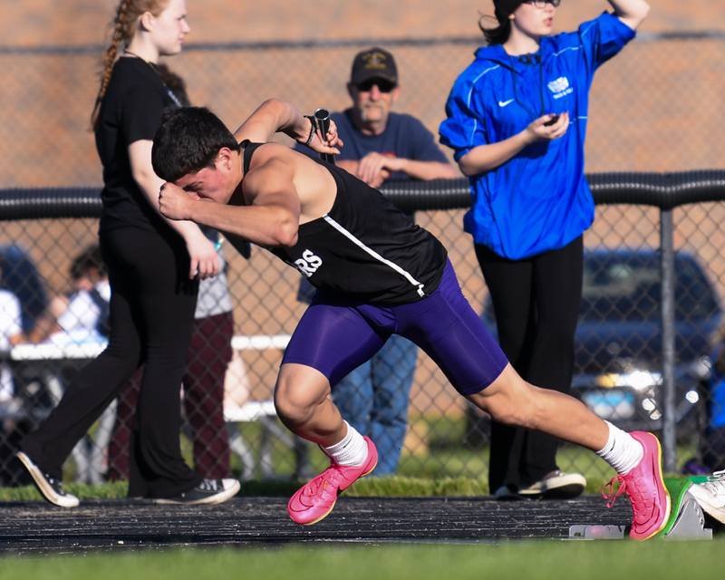 Johnny Espino of Plano High School takes off from the starting blocks during the 100 meter relay race at the Kishwaukee River Conference track meet held on Tuesday May 7, 2024,held  at Plano High School.