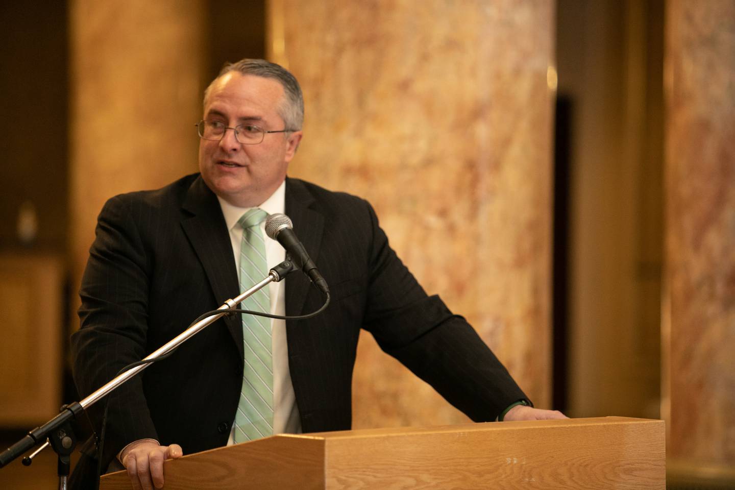 State Senator for the 43rd District John Connor speaks at a press conference to announce the Rialto Square Theater will be getting a five-million dollar grant, March 18, 2022. Vincent D. Johnson - For Shaw Media