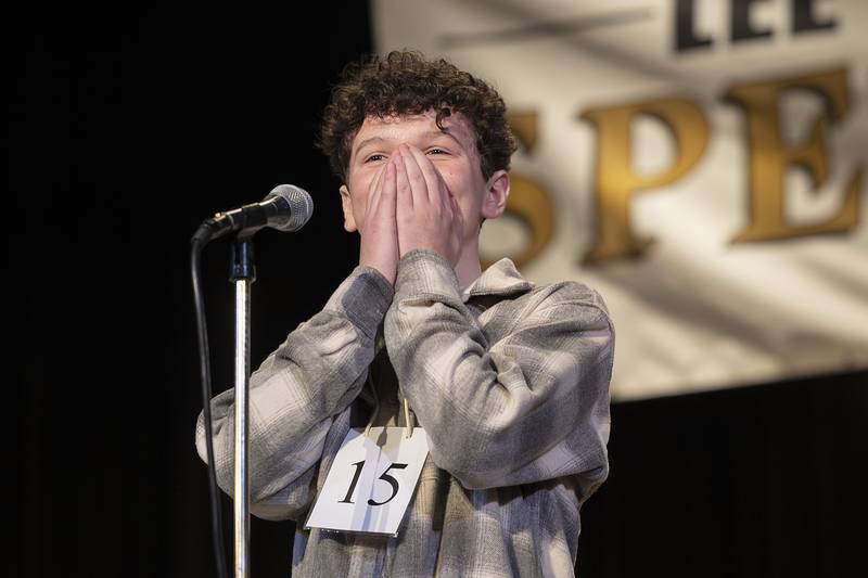 Parker Zimmerly of Amboy Jr. High reacts to knowing his final word Thursday, Feb. 20, 2025, at the Lee/Ogle/Whiteside County Spelling Bee. Zimmerly correctly spelled illicitly to take the title and earn a trip to Washington D.C. to compete in the national bee.