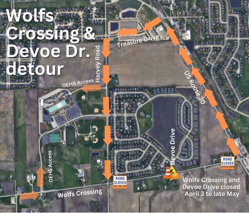 The orange dashed line on the map above shows the village of Oswego's designated detour route for the first phase of the Wolf's Crossing Road improvement project. The project includes the construction of a roundabout at the intersection of Harvey Road. (Map provided by the village of Oswego)