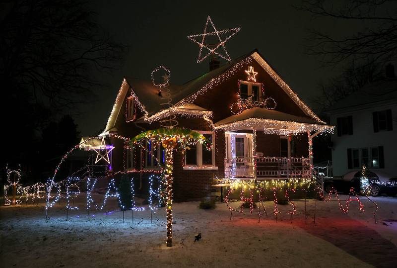The house at 429 South fifth Street Thursday, Dec. 19, 2024, in DeKalb. This home is one of the entries in this year’s DeKalb Park District Holiday House Decorating Contest.