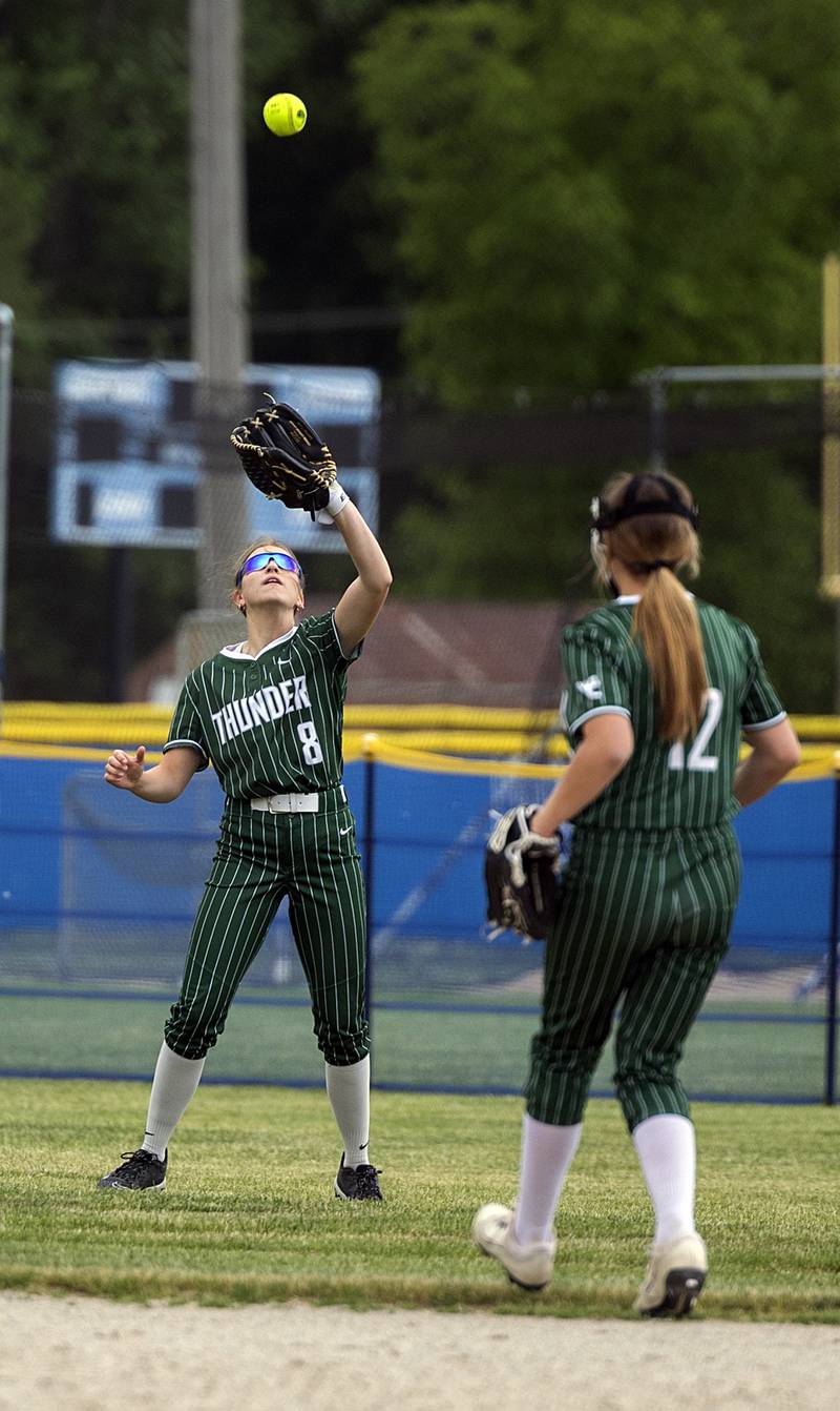 West Carroll’s Cattarina Houzenga hauls in a pop up against Morrison Tuesday, May 19, 2026, at the Class 1A softball regionals at Newman.