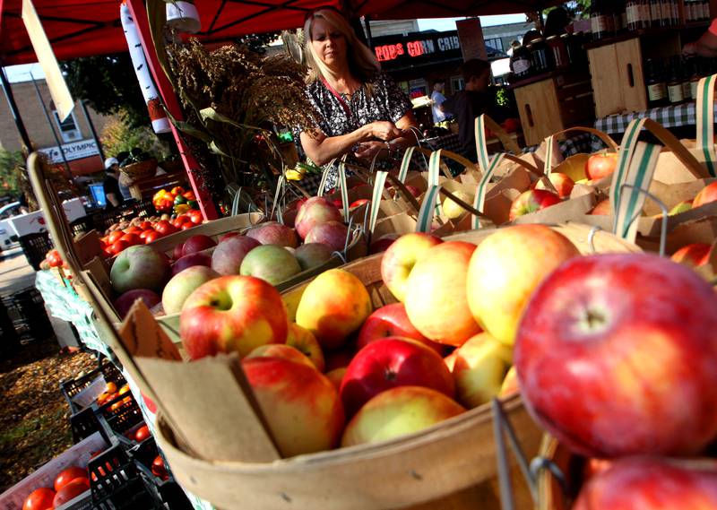 Shoppers meander among the fresh produce at the Harms Farm booth during the Johnny Appleseed Festival in Crystal Lake Saturday.