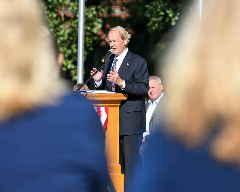 U.S. Air Force veteran Michael Embrey speaks during a dedication ceremony marking the completion of phase one of the DeKalb Elks Veteran’s Memorial Plaza in DeKalb Saturday, Oct. 1, 2022.