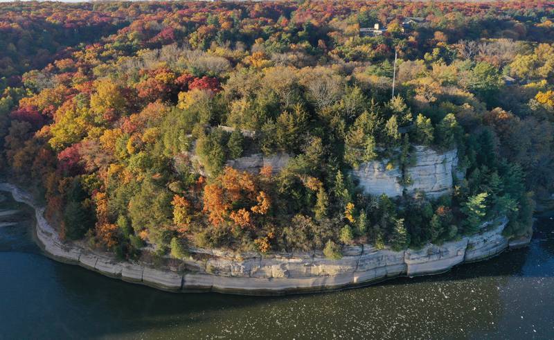 An aerial view of the fall colors over Starved Rock on Thursday, Oct. 24, 2024 at Starved Rock State Park.