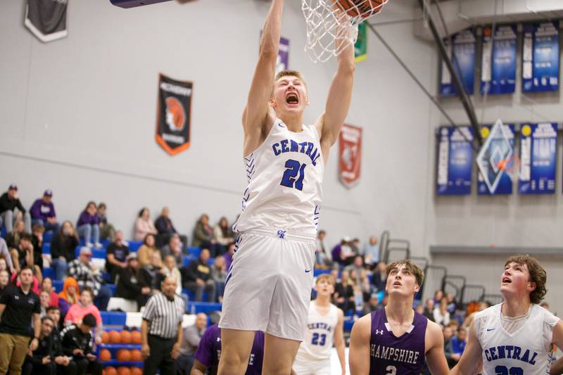 Burlington Central's Nicholas Gouriotos dunks the ball against Hampshire on Wednesday, Nov. 30,2022 in Burlington.