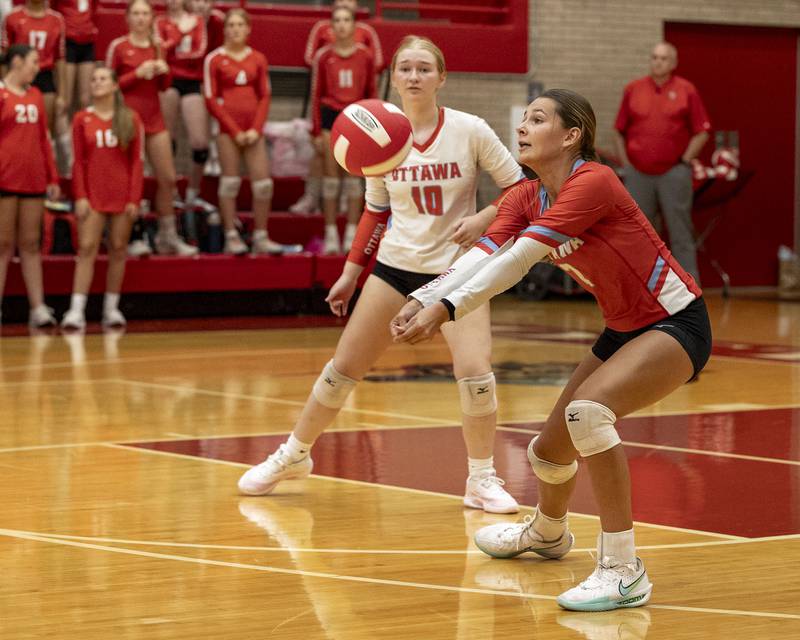Meredith Waldron (2) of Ottawa hits volleyball on Thursday, Sept. 18, 2025 at Ottawa High School in Ottawa.