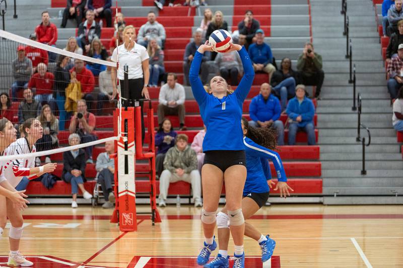 St. Charles North's Mia McCall sets the ball against Naperville Central at the Class 4A Regional Final on Thursday, October 30,2025 in Naperville.