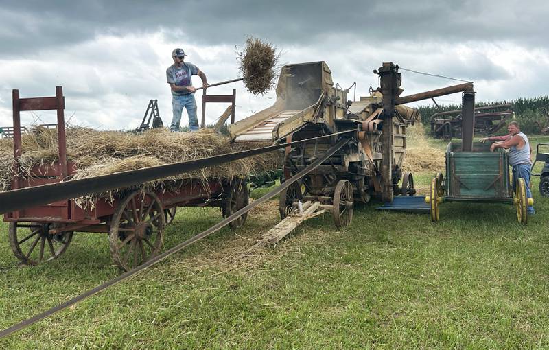 A volunteer uses a pitchfork to toss a sheaf of wheat into a threshing machine at the Bos Brothers Historical Farm on Saturday, July 26, 2025. This year's event focused on harvesting wheat.