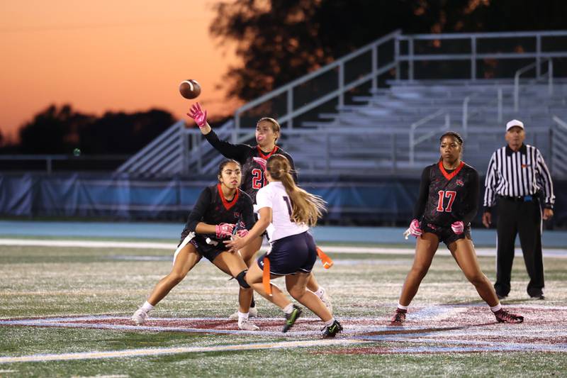 Yorkville's Kayla Kersting throws the ball during the Foxes' 2-1 overtime victory over Oswego in the IHSA Kankakee Regional championship game on Thursday, Oct. 9, 2025.