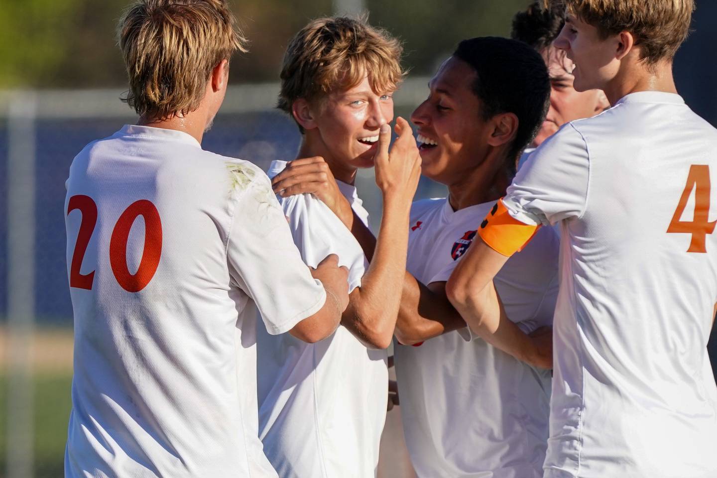 Oswego’s Vilius Adulcikas (12) smiles after scoring a goal against Oswego East during a Southwest Prairie Conference game at Oswego East High School on Thursday, Sept. 25, 2025.