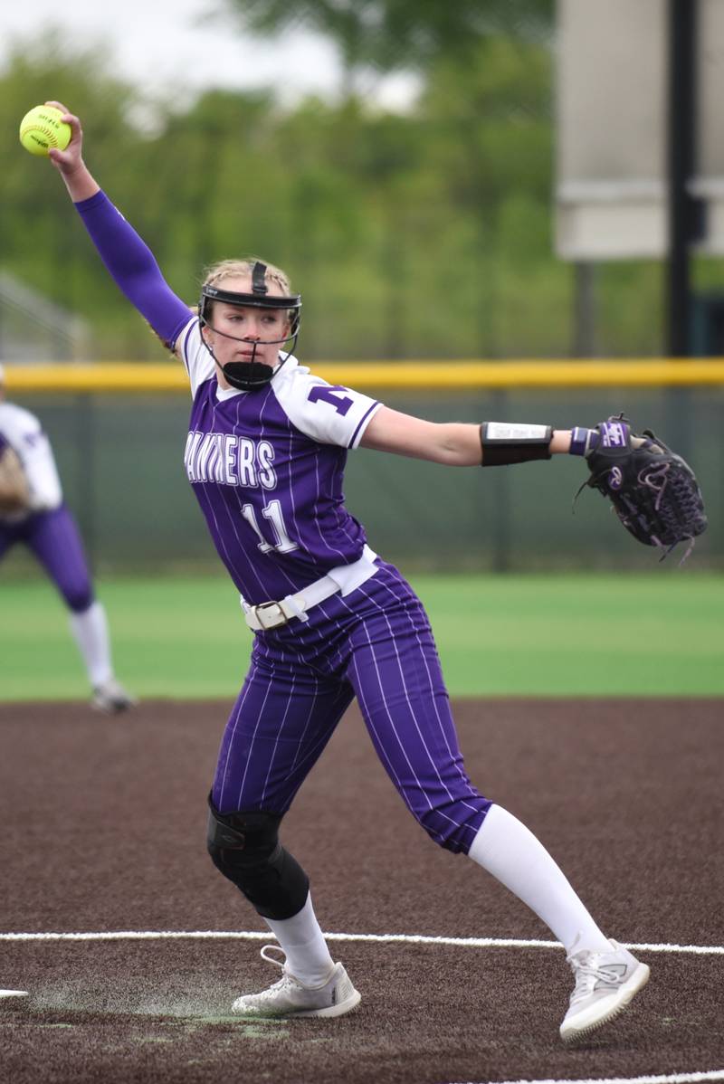 Manteno's Ava Peterson throws a pitch during the Class 2A Coal City Regional semifinals against Bishop McNamara Wednesday, May 21, 2025.