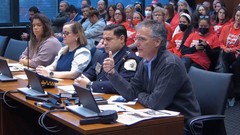 Cook County Sheriff Tom Dart (right) and other law enforcement officials testify before a House committee Tuesday as members consider a bill to ban high-power, high-capacity weapons in Illinois. (Credit: Blueroomstream.com)