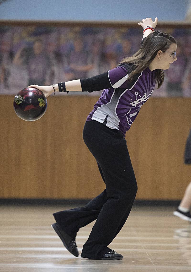 Dixon’s Jillian Leeser eyes the pins Friday, Feb. 7, 2025, in the girls bowling regionals at Plum Hollow in Dixon.
