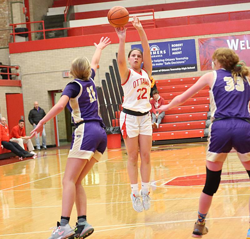 Ottawa's Marlie Orlandi shoots a jump shot over Canton's Ella Demler during the Lady Pirate Holiday Tournament on Wednesday, Dec. 21, 2022 in Ottawa.