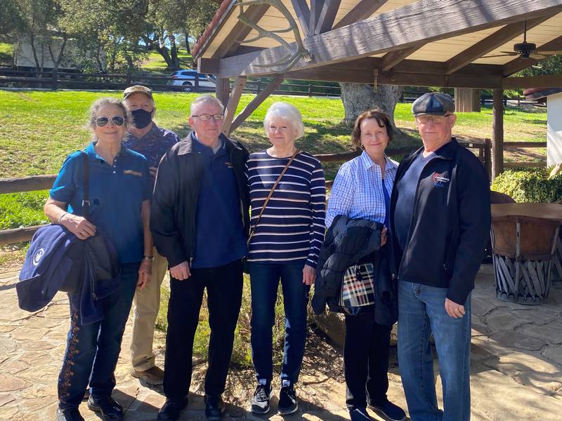 Gathering on patio of President Reagan's adobe home at the Reagan Ranch. From left to right: Linda and Jerry Frana, Mike and Mardi McBride, and Earlene and Jay Wolfe