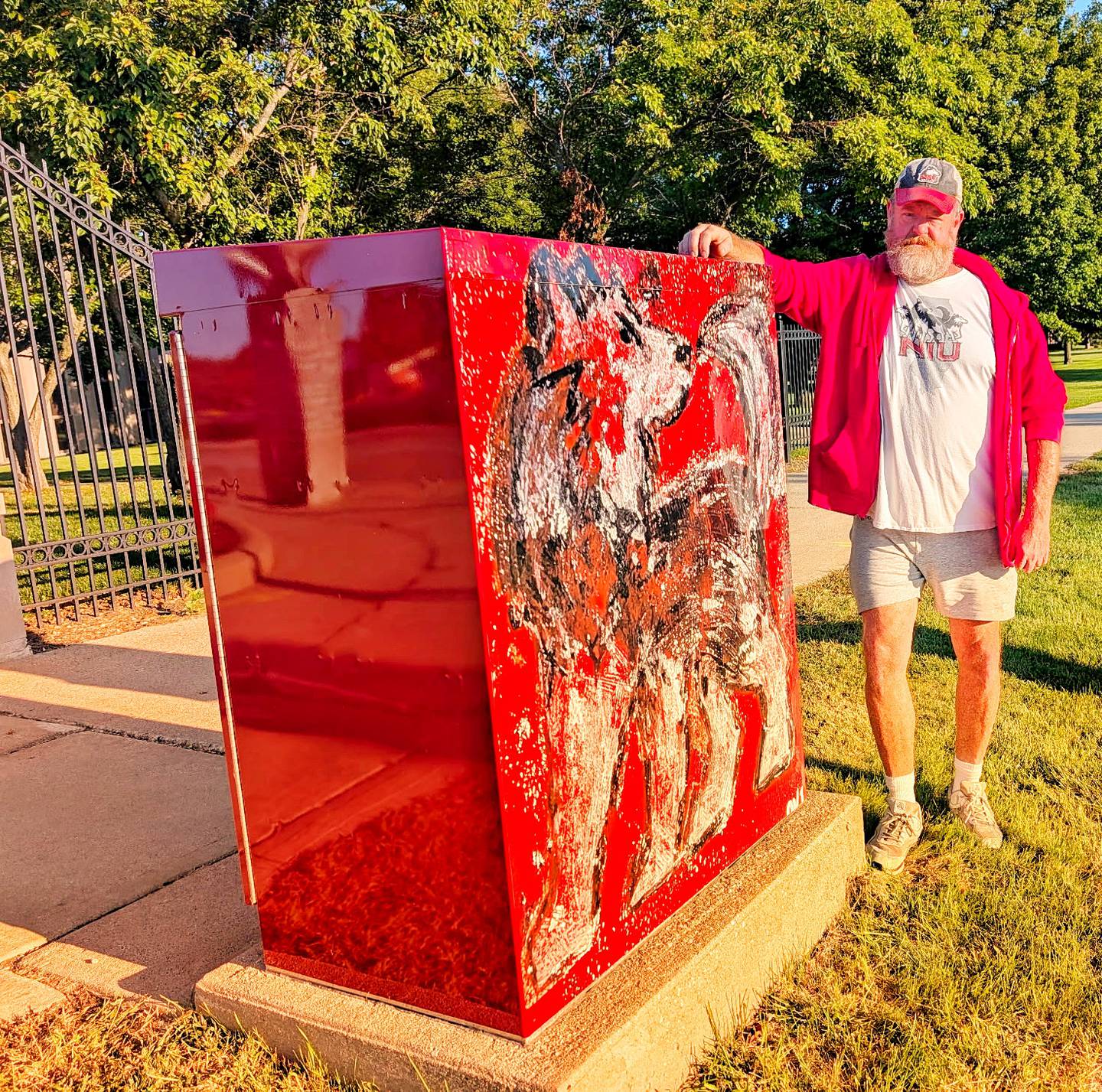 Doug Overton, a master's student studying fine arts at Northern Illinois University, painted “NIU Corn Huskie,” which is featured on the utility box mural near the NIU campus at Annie Glidden Road and Lucinda Avenue in DeKalb.