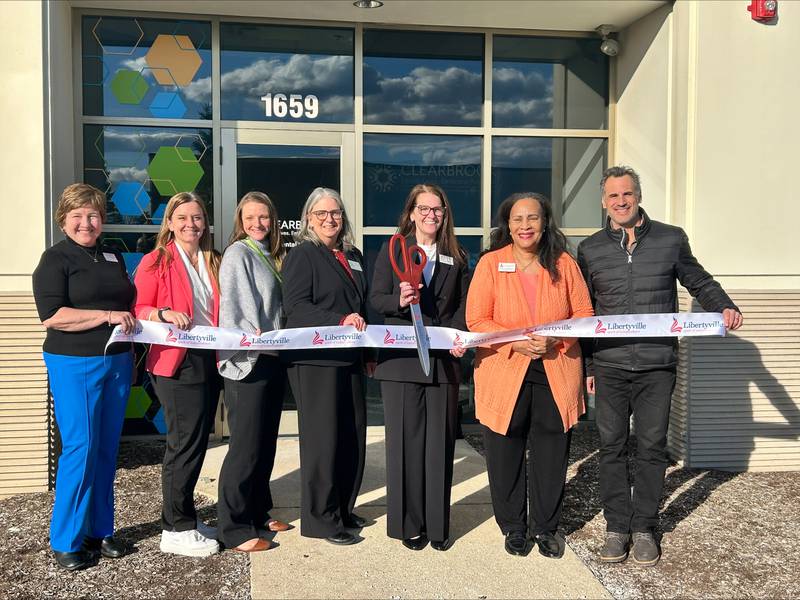 Clearbrook in Libertyville hosted a ribbon-cutting ceremony and open house on Jan. 29. In attendance were (from left) Brenda Devito, VP, Children's and Clinical Services at Clearbrook; Hollis Gorrie, COO Clearbrook; Sara Hollis, Clearbrook; Jennifer Johnson, executive director, Mainstreet Libertyville; Jessica Smart, CEO Clearbrook; Libertyville Mayor Donna Johnson; and Andrew Herrmann, Libertyville Economic Development Commission.