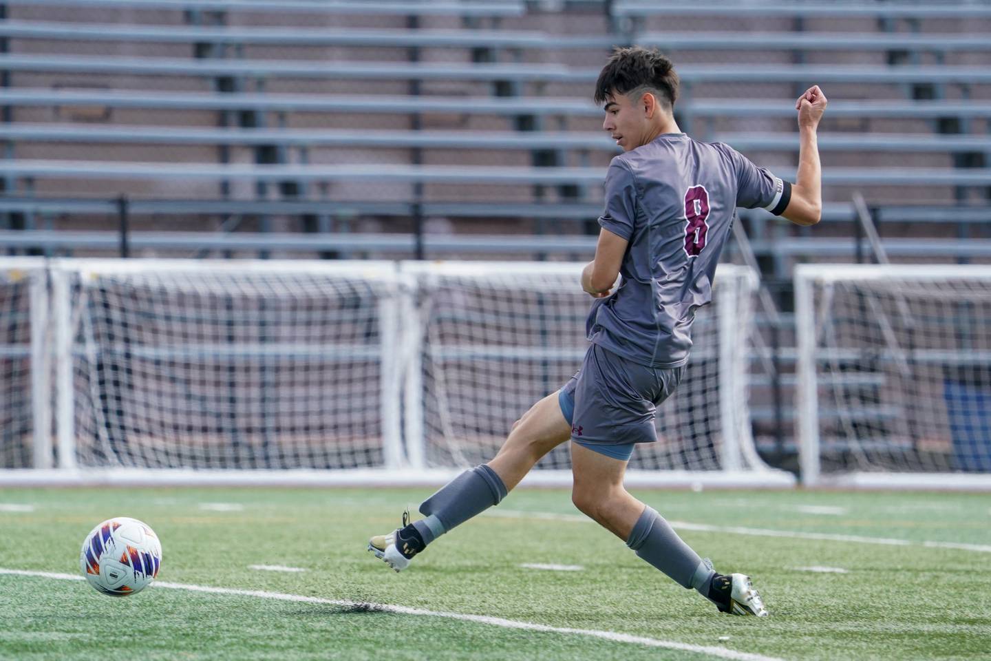 Morton’s Enrique Ayala (8) shoots the ball for a goal, his second of the game during a match against Downers Grove South at Morton High School in Berwyn on Saturday, Oct. 5, 2024.